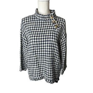 ZARA Blue & White Houndstooth High Neck Sweater Top Sz XS